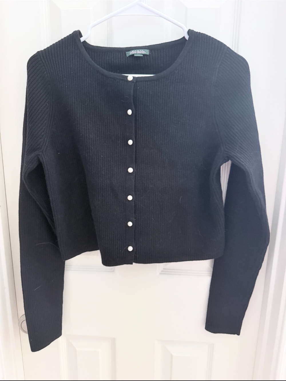 wild fable Black Ribbed Button-Front Cropped Cardigan